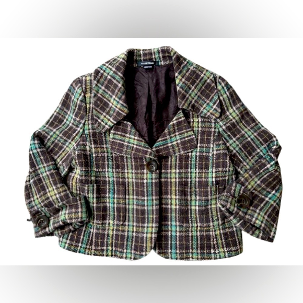 Vintage Ellen Tracy Silk Tweed Shrunken 3/4 Sleeve Plaid Blazer. Size Small